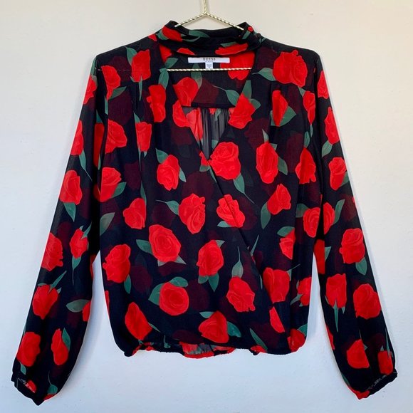 SOLD Guess Red/Black Rose-Print Blouse, M - Picture 1 of 7